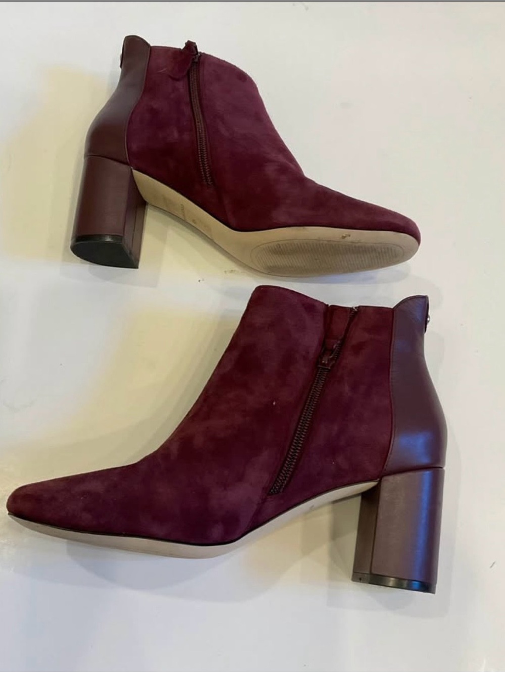 Cole Haan Burgundy Wine Suede & Leather Block Heel Ankle Boots